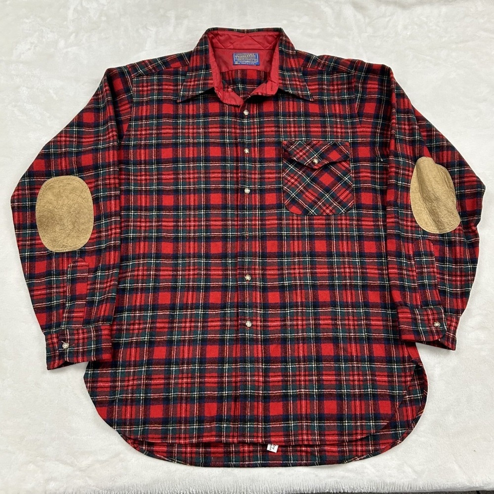 Pendleton Wool Shirt Mens L Red Plaid Suede Elbow Patches Vintage Tartan